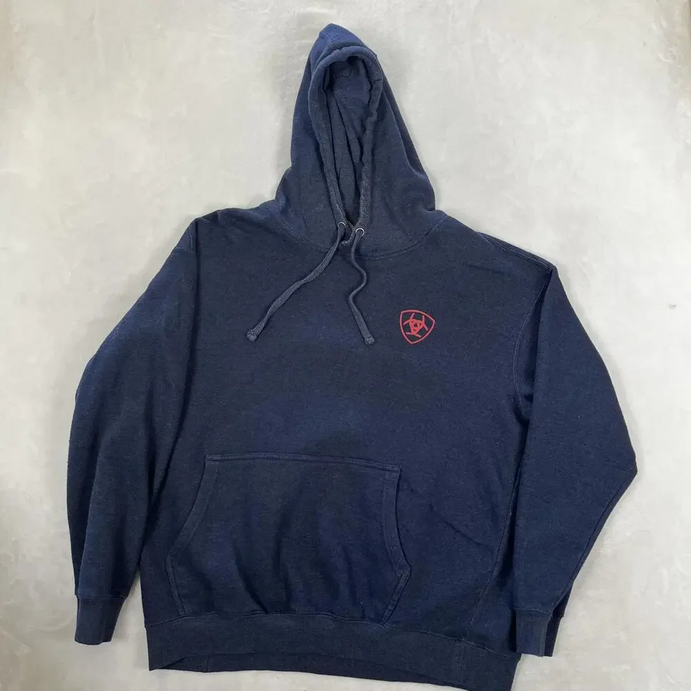 Ariat Hoodie Mens 2XL Blue Fleece Pullover Sweatshirt USA Flag Logo Graphic
